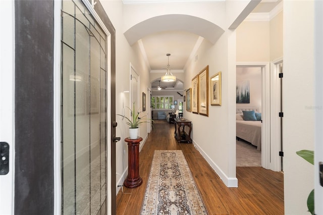 corridor with crown molding and dark wood-type flooring