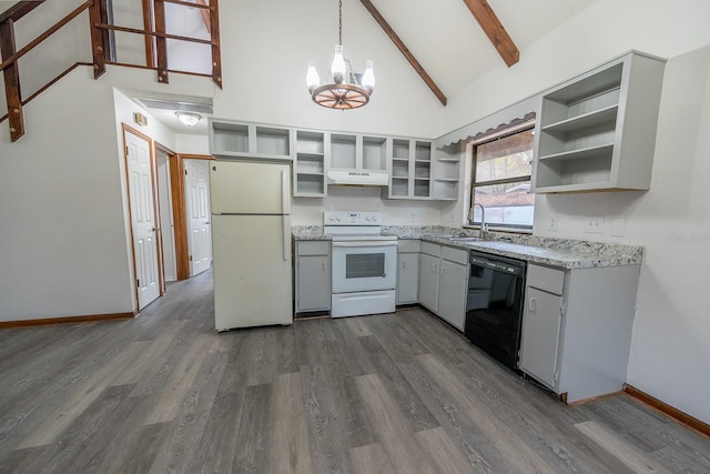 kitchen featuring sink, beamed ceiling, decorative light fixtures, white appliances, and gray cabinets