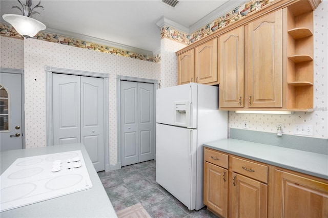 kitchen featuring crown molding, light brown cabinets, and white appliances