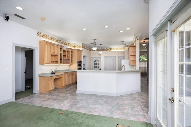 kitchen featuring light tile patterned floors, double oven, light brown cabinetry, decorative light fixtures, and white fridge