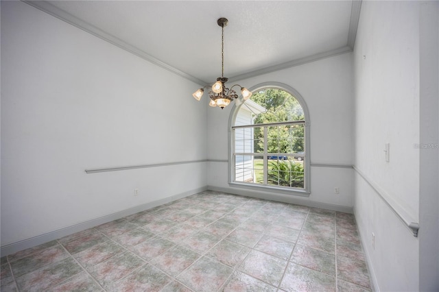 empty room with ornamental molding and a chandelier