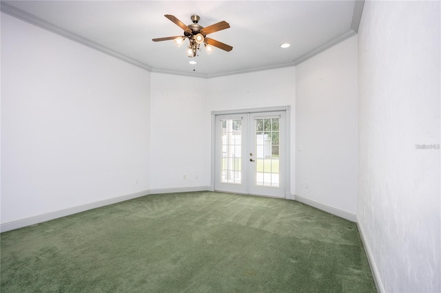 empty room with carpet flooring, ceiling fan, french doors, and ornamental molding