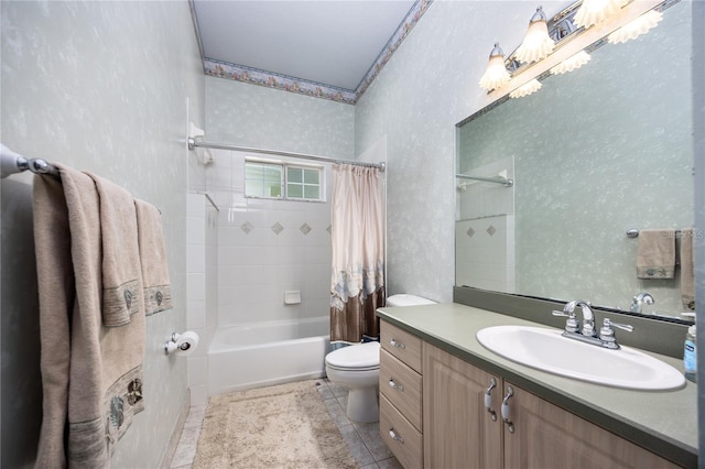 full bathroom with tile patterned flooring, vanity, toilet, and shower / bath combo with shower curtain