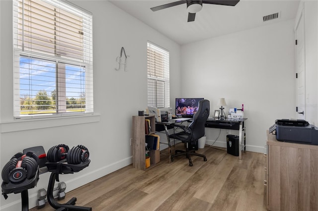 office area with ceiling fan, a healthy amount of sunlight, and light hardwood / wood-style flooring