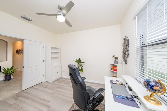 home office with ceiling fan and light hardwood / wood-style floors