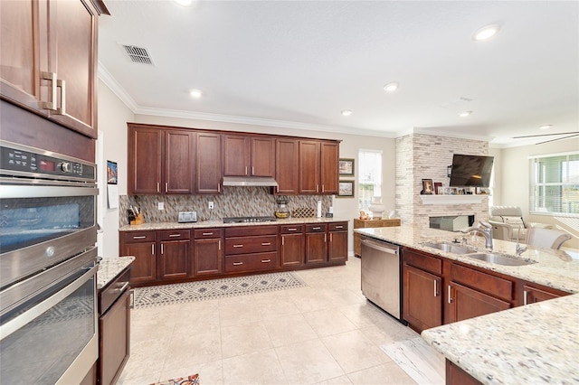 kitchen featuring a fireplace, a healthy amount of sunlight, appliances with stainless steel finishes, and sink