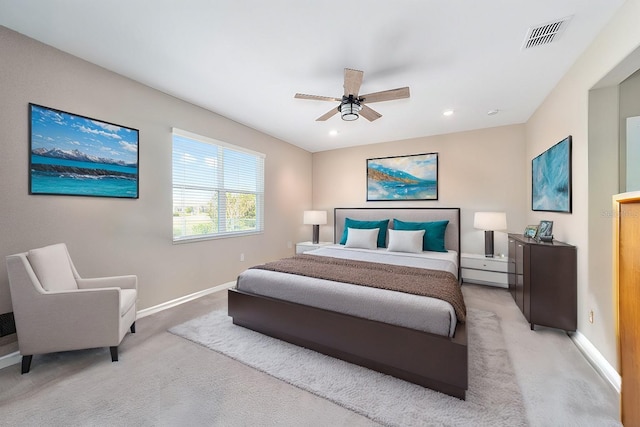 carpeted bedroom featuring ceiling fan