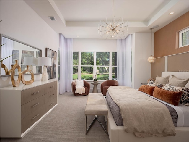 bedroom featuring a raised ceiling, wood walls, a notable chandelier, and light colored carpet