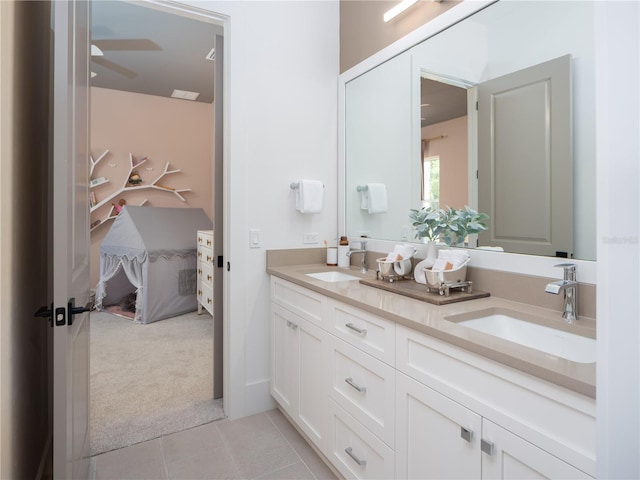 bathroom with vanity, tile patterned floors, and ceiling fan