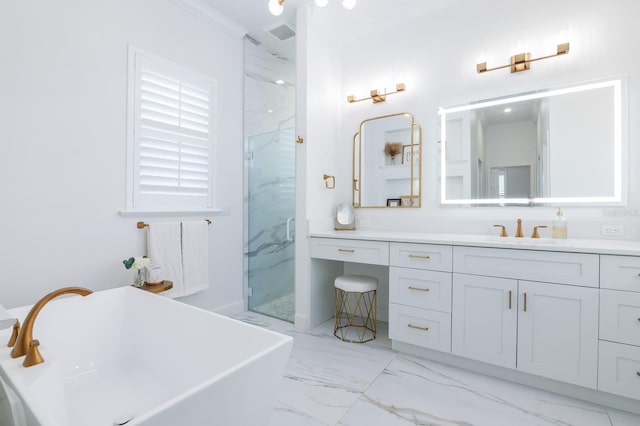 bathroom featuring vanity, ornamental molding, and plus walk in shower