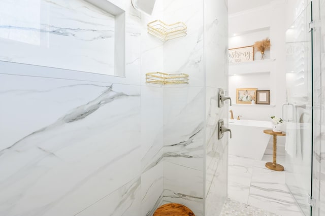 bathroom featuring separate shower and tub