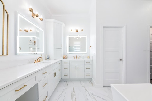 bathroom featuring a tub, crown molding, and vanity