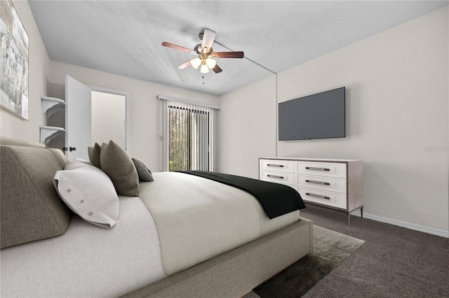 bedroom with dark colored carpet and ceiling fan