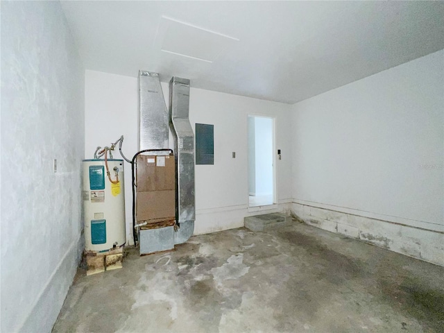 interior space featuring water heater, heating unit, and electric panel