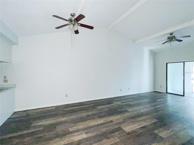 unfurnished living room featuring vaulted ceiling with beams, dark wood-type flooring, and ceiling fan