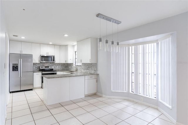 kitchen featuring pendant lighting, sink, appliances with stainless steel finishes, white cabinetry, and kitchen peninsula