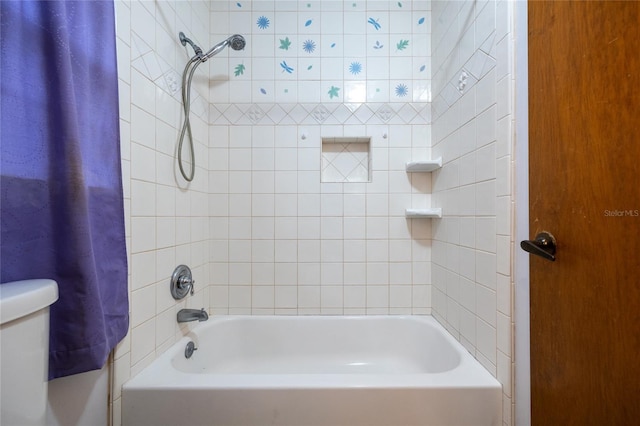 bathroom with toilet and shower / bathtub combination with curtain