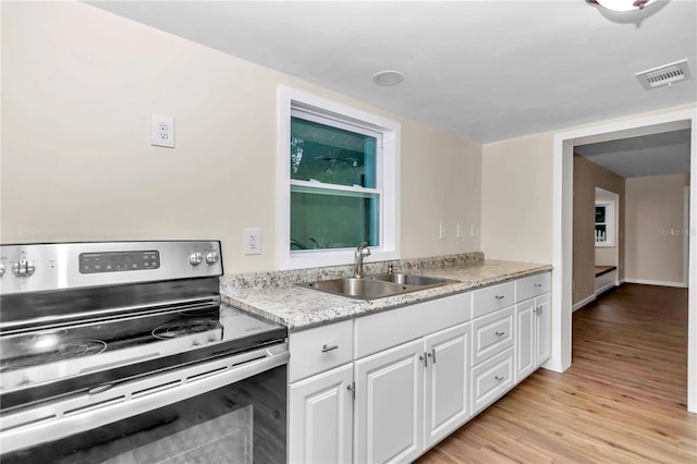 kitchen with electric stove, white cabinetry, sink, and light hardwood / wood-style flooring