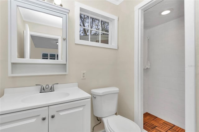 bathroom with a shower, vanity, and toilet