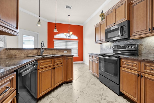 kitchen with pendant lighting, black appliances, light tile patterned flooring, sink, and an inviting chandelier