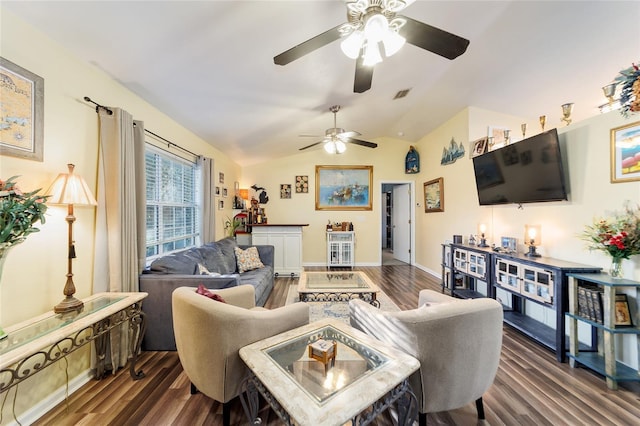 living room featuring ceiling fan, dark hardwood / wood-style flooring, and vaulted ceiling