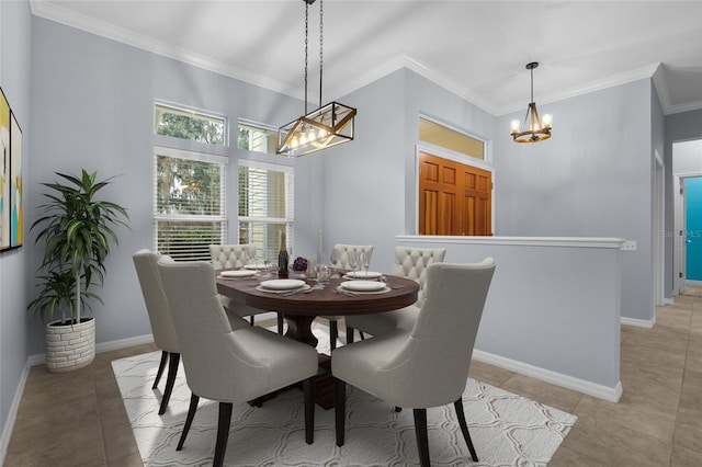 dining room featuring light tile patterned flooring, crown molding, and a notable chandelier