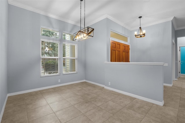 unfurnished room featuring crown molding, an inviting chandelier, and light tile patterned flooring