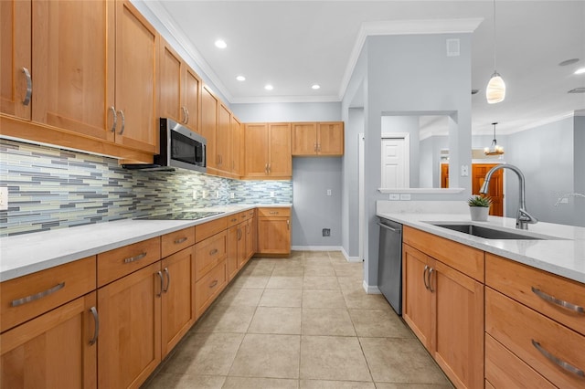 kitchen with light stone counters, stainless steel appliances, crown molding, and hanging light fixtures