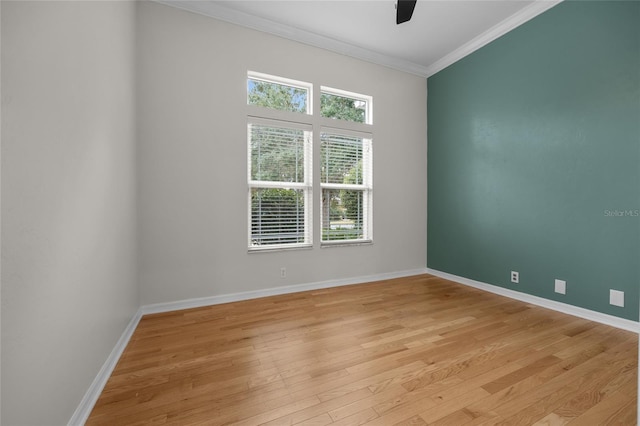 unfurnished room featuring ceiling fan, light wood-type flooring, and crown molding