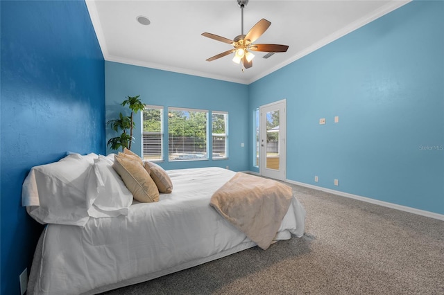 bedroom featuring ornamental molding, ceiling fan, access to exterior, and carpet flooring