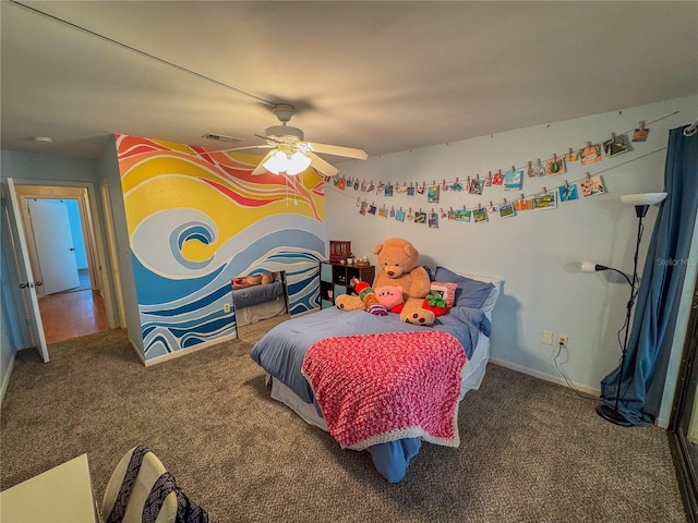 bedroom featuring ceiling fan and carpet floors