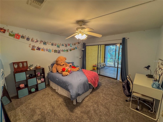 bedroom with access to outside, ceiling fan, and carpet floors