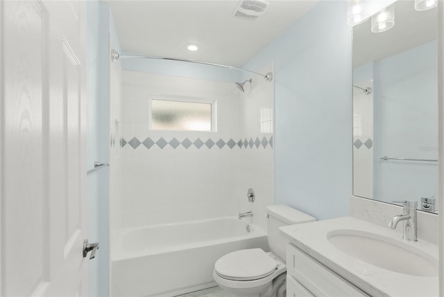 full bath with toilet, shower / bathtub combination, visible vents, and vanity