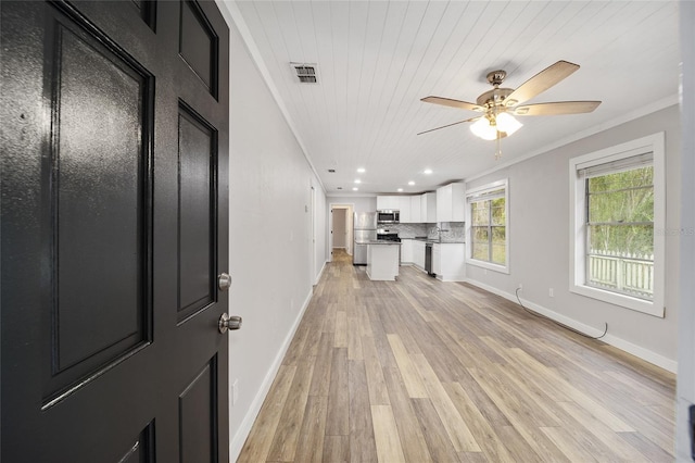 unfurnished living room featuring wooden ceiling, ceiling fan, crown molding, and light hardwood / wood-style floors