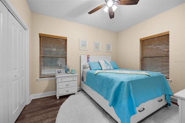 bedroom featuring ceiling fan, a closet, and dark hardwood / wood-style flooring