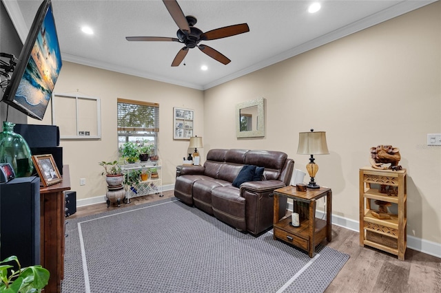 living room with ceiling fan, hardwood / wood-style floors, and crown molding