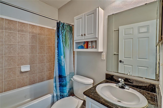 full bathroom with toilet, vanity, and shower / bath combo with shower curtain