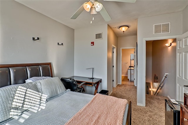 bedroom featuring ceiling fan and carpet flooring