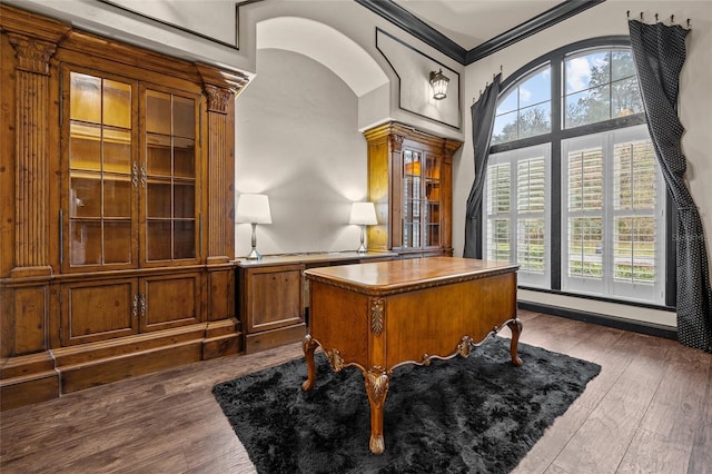 home office featuring a baseboard heating unit, ornamental molding, and dark wood-type flooring