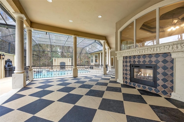 exterior space with a tiled fireplace