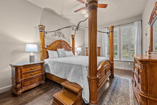 bedroom with multiple windows, ceiling fan, and dark hardwood / wood-style floors