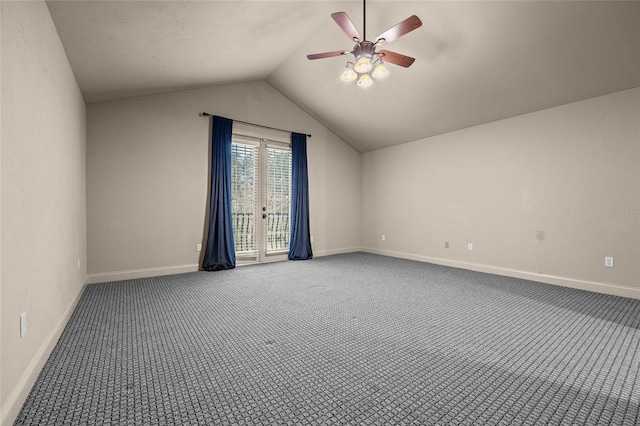 additional living space with ceiling fan, french doors, carpet floors, and lofted ceiling