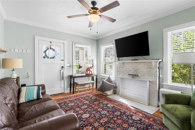 living room featuring crown molding, a wealth of natural light, and light hardwood / wood-style flooring