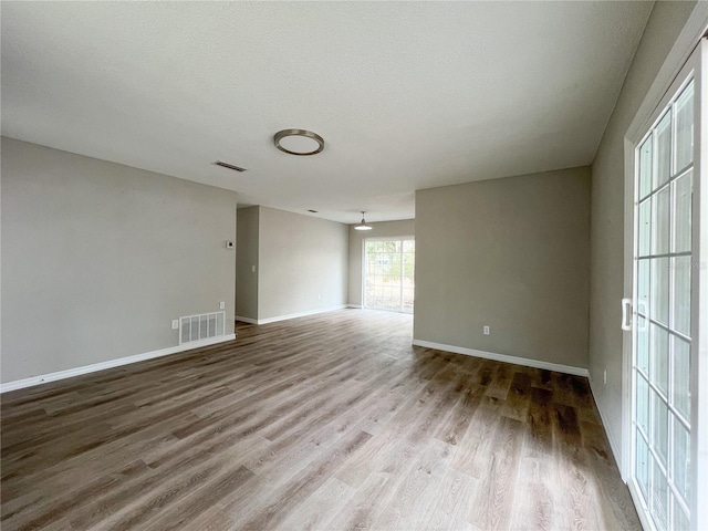 empty room featuring a textured ceiling and wood-type flooring