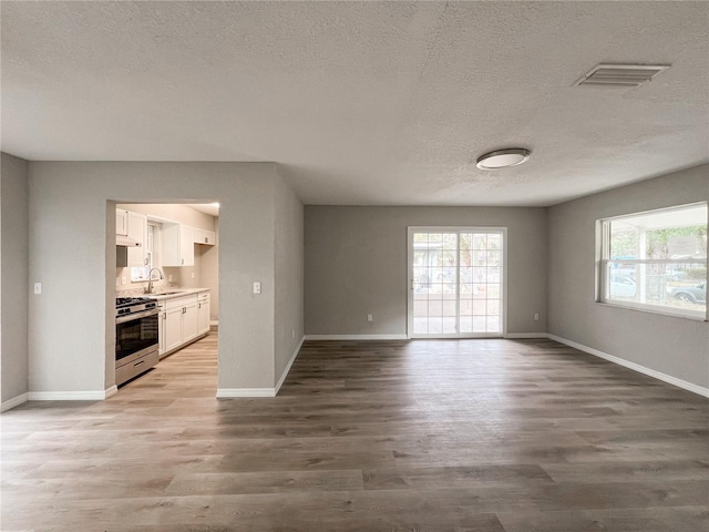 unfurnished living room with sink, wood-type flooring, and a textured ceiling