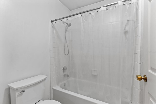 bathroom with toilet and shower / bath combination with curtain