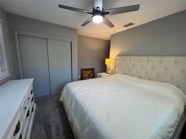 bedroom featuring ceiling fan, dark carpet, and a closet