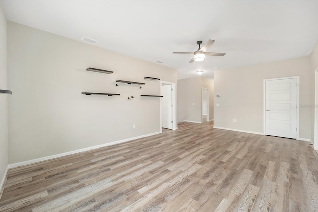 unfurnished living room with light hardwood / wood-style flooring and ceiling fan