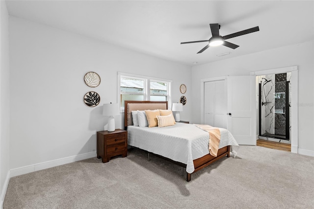 bedroom featuring a ceiling fan, a closet, baseboards, and carpet flooring