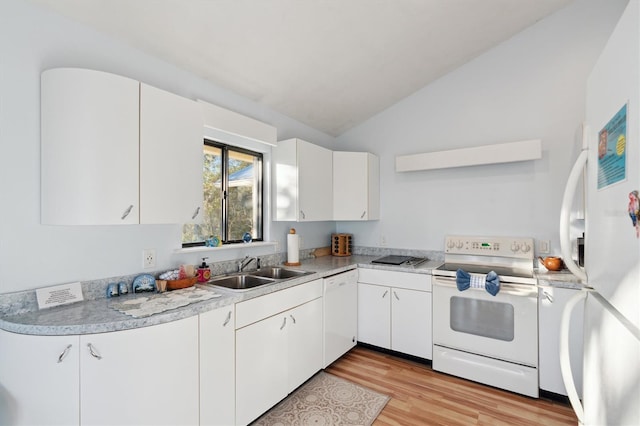 kitchen with white appliances, white cabinetry, sink, vaulted ceiling, and light hardwood / wood-style flooring